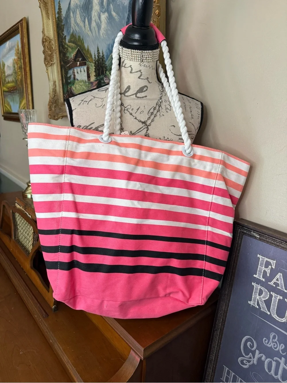 Victoria’s Secret Striped Beach Tote | Hot Pink & White | NWT $78.00